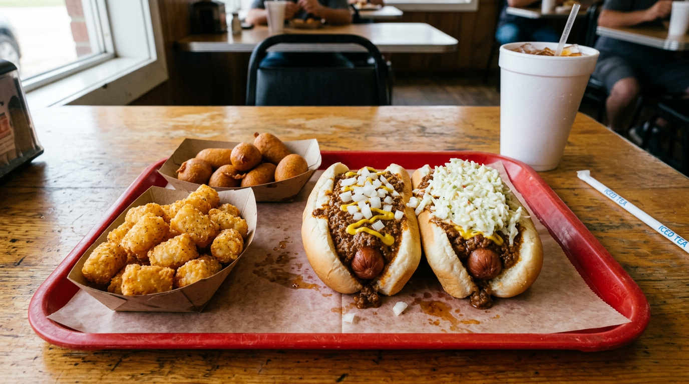 A lunch tray with a chili-slaw dog, tater tots, and mini corn dogs.