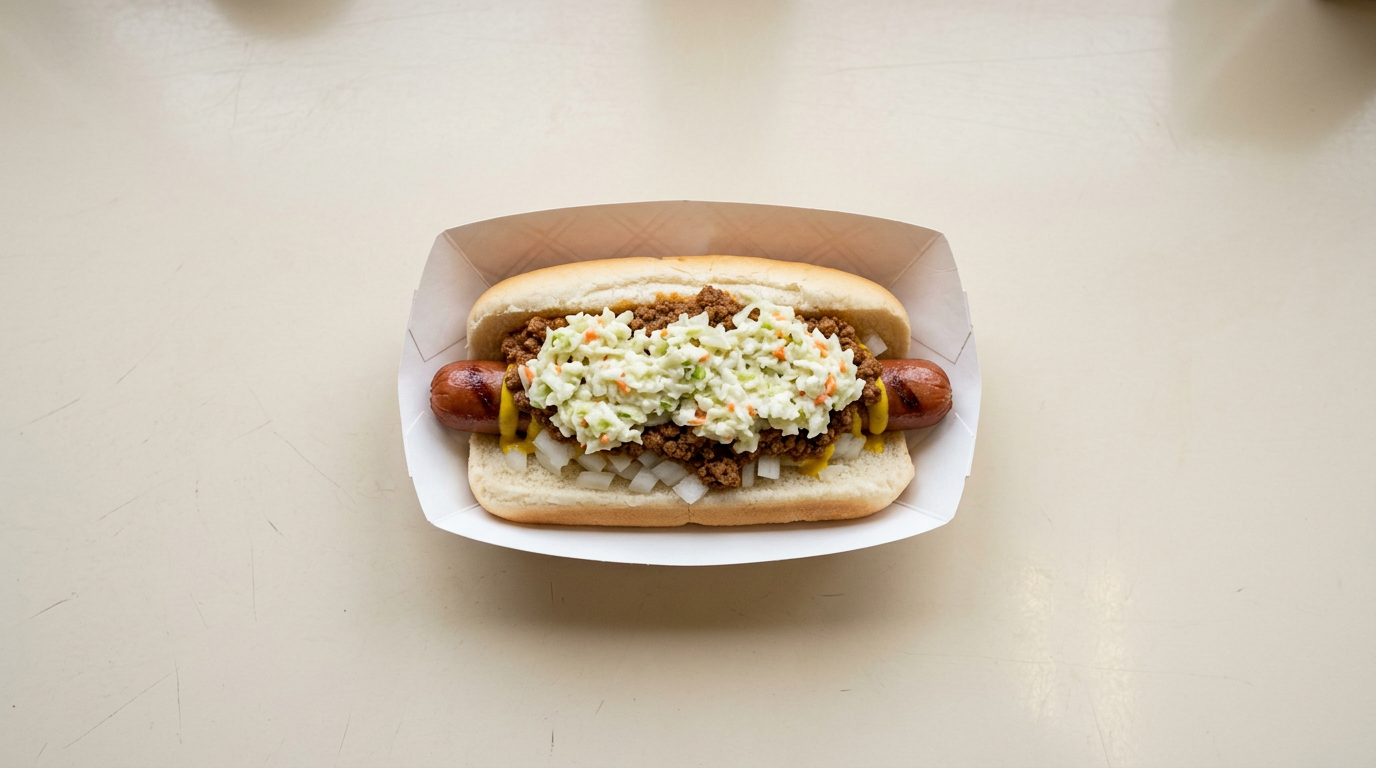 Overhead view of a chili-slaw dog in a paper tray: steamed bun, hot dog, yellow mustard, chopped onions, no-bean chili, and sweet coleslaw on top.