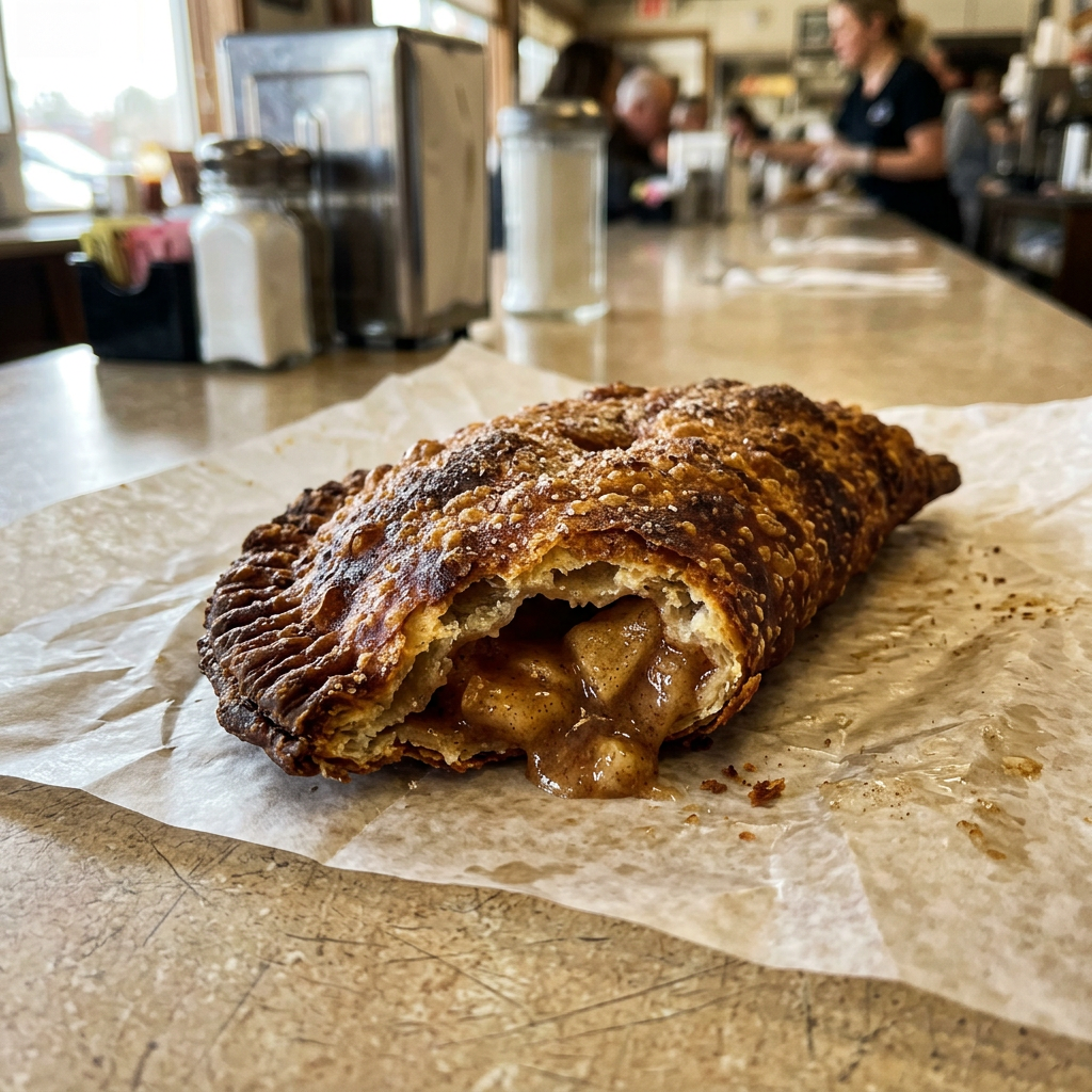 A golden hot fried apple pie in wax paper.